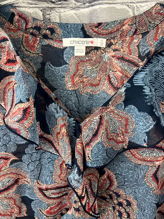 Chico’s NWT Size 4 US 20 Blue Floral Ruffle Front Blouse Long Sleeve Boho Top - Picture 9 of 12